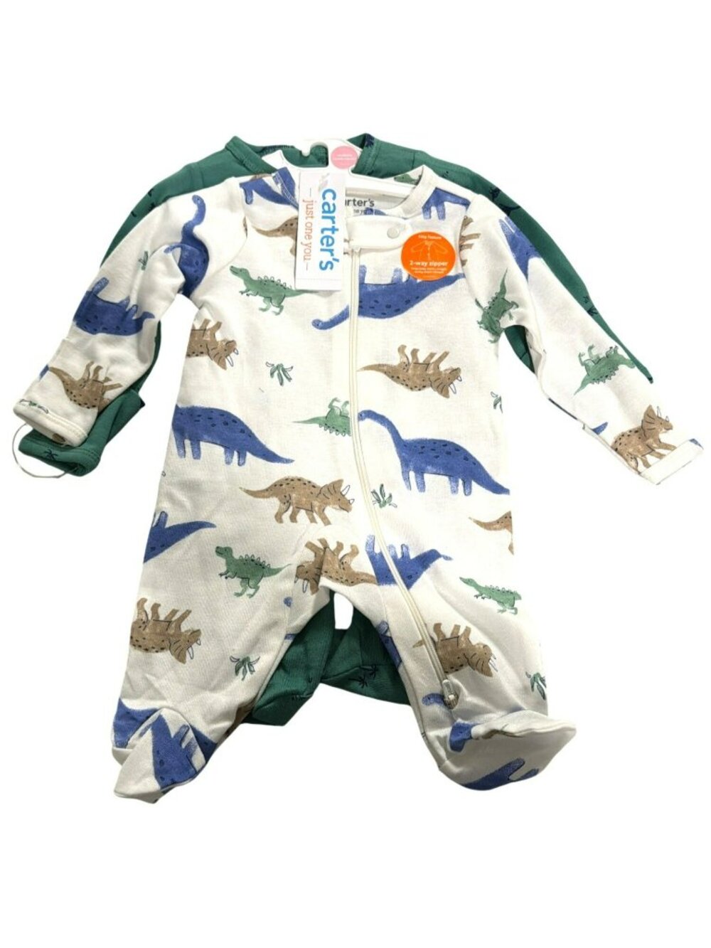 Carters Newborn 2-Way Zipper Footed Pajamas 2-Pack Dinosaur Print New